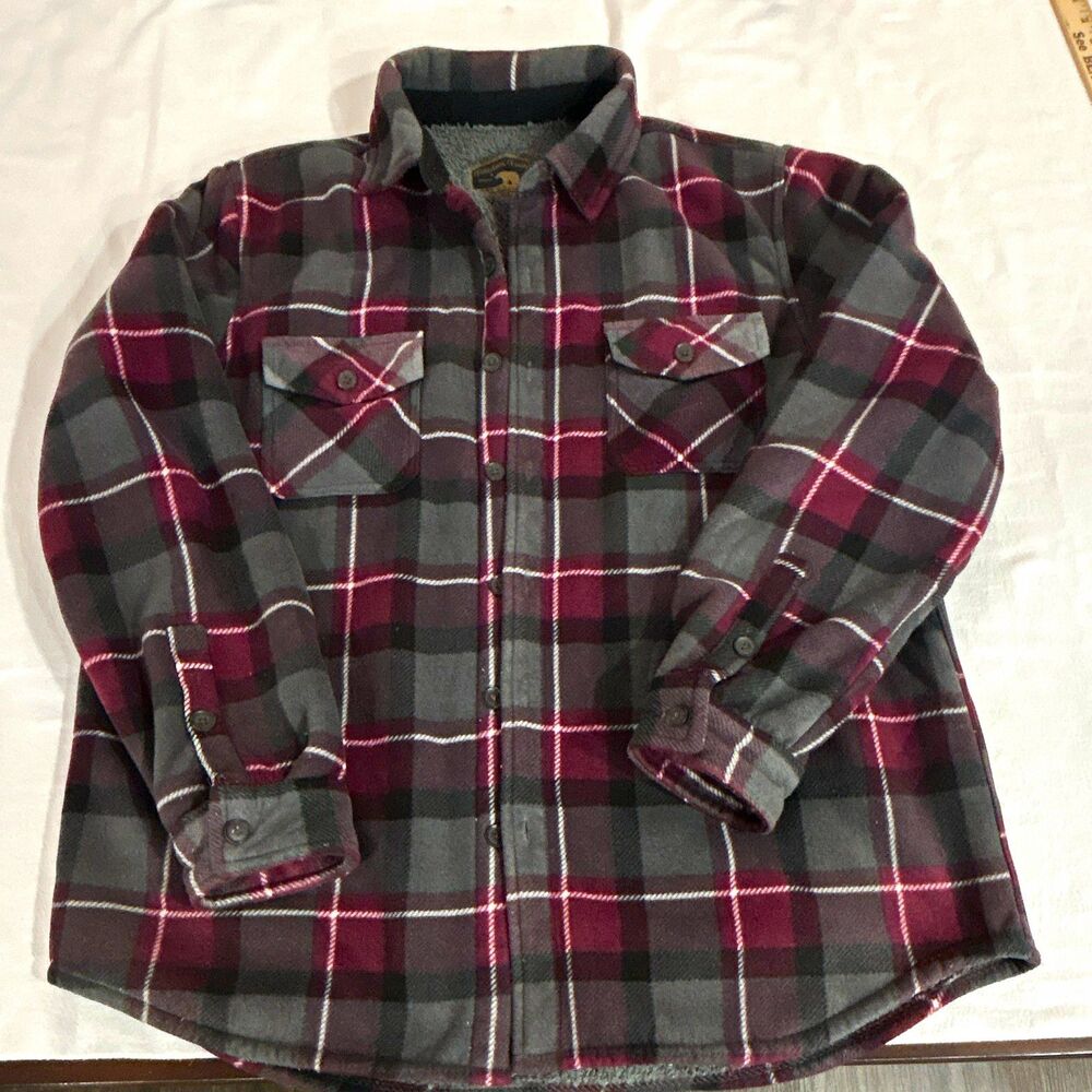 Freedom Foundry Men's L Burgundy/Gray Plaid Flannel Button-Up Shirt Pockets